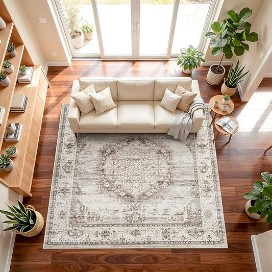 10x10 Square Area Rug: 10ft Square Washable Living Room Rugs Ultra Thin Soft Oriental Non-Slip Backing Farmhouse Rug Low Pile Thin Stain Resistant Indoor Carpets, 10' x 10' Beige