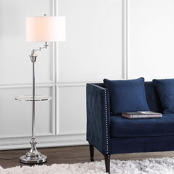 JONATHAN Y 60" Chrome Floor Lamp with Integrated Glass Side Table, Modern Swing Arm Standing Lamp for Living Room, White Linen Shade, LED Bulb Included (JYL3055B)