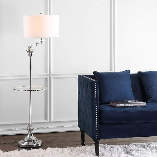 JONATHAN Y 60" Chrome Floor Lamp with Integrated Glass Side Table, Modern Swing Arm Standing Lamp for Living Room, White Linen Shade, LED Bulb Included (JYL3055B)