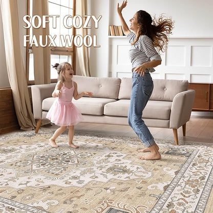 8x10 Area Rugs Living Room: Washable Boho Large Neutral Vintage Soft Rug Stain Resistant Farmhouse Non-Slip Indoor Floor Retro Carpet for Bedroom Nursery Kids Office Dining Room- Sand Gray