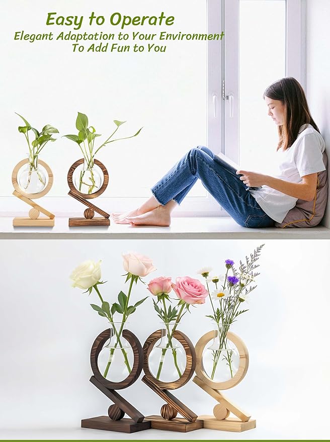 Glass Plant Propagation Station with Wooden Stand and Air Planter Bulb Vase, Planter Terrarium for Home Office Garden Boho Desk Decor,Mothers Day Vase (Natural Wood)