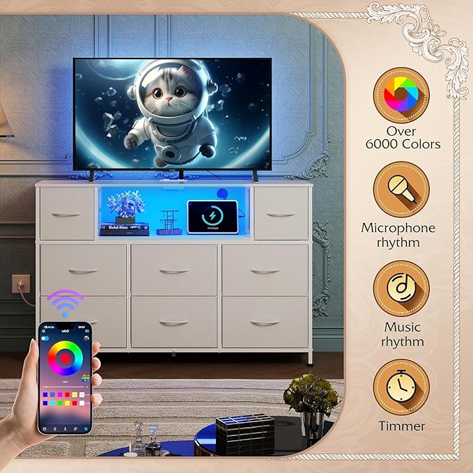 Simple Deluxe TV Stand Dresser with 8 Fabric Drawers and Open Shelves, Entertainment Center with LED Lights & Charging Station, Wood Top for 45" -55" TV, for Bedroom/Living Room/Hallway, White