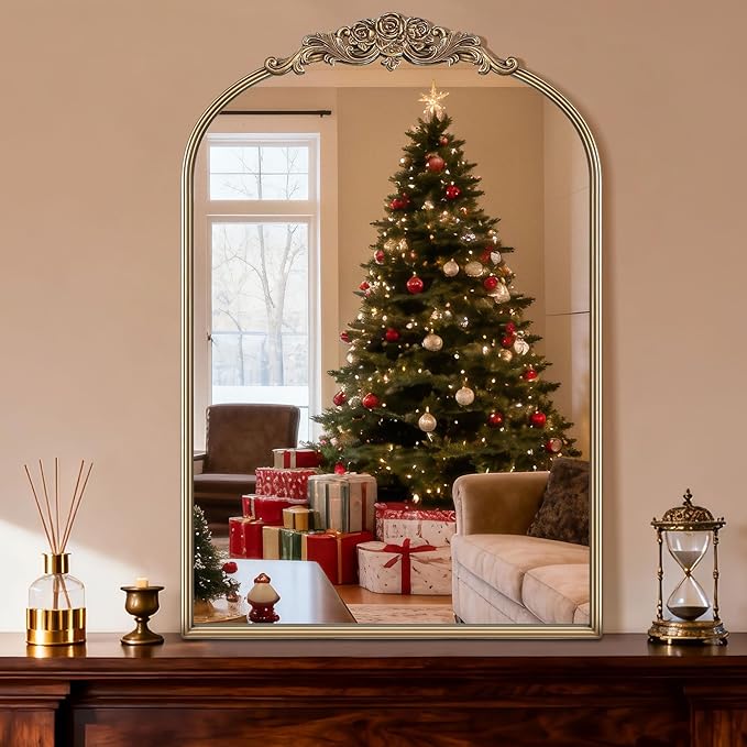 24"x36" Vintage Gold Arched Wall Mirror, Ornate Baroque Metal Frame with Floral Crown, Antique Decorative Mirror for Bathroom, Fireplace, Entryway, Bedroom or Living Room