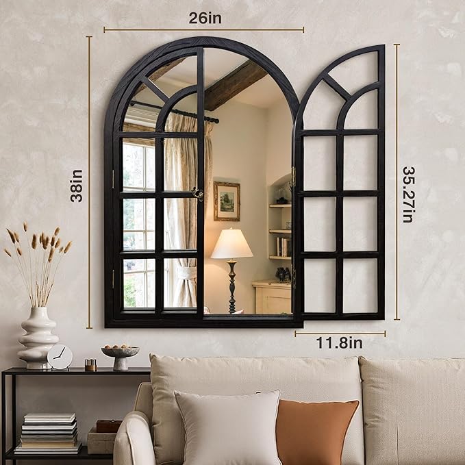 Arched Window Mirrors for Wall, Wooden Rustic Farmhouse Mirror for Wall Decor 26 x 38 Black, Decorative Wall Mirror Arch for Living Room, Bedroom, Bathroom, Fireplace, Farmhouse