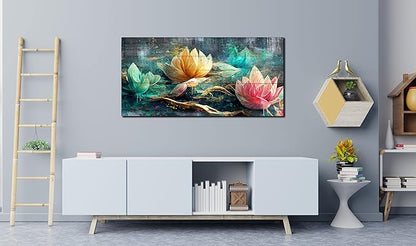 Lotus Flower Wall Art for Living Room, Floral Canvas Picture Print for Bedroom, Vintage Artwork Decor for Home, Stretched and Framed Ready to Hang, Size 48x24 Inches