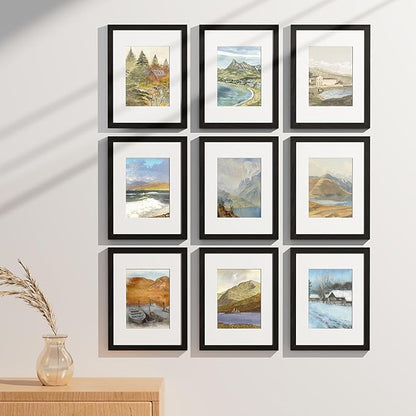 Vittanly 9x12 Picture Frames Set of 9, Shatter Resistant Plexiglass, Display 6x8 Pictures with Mat or 9x12 without Mat, Photo Frames for Wall or Tabletop, Engineered Wood, Black