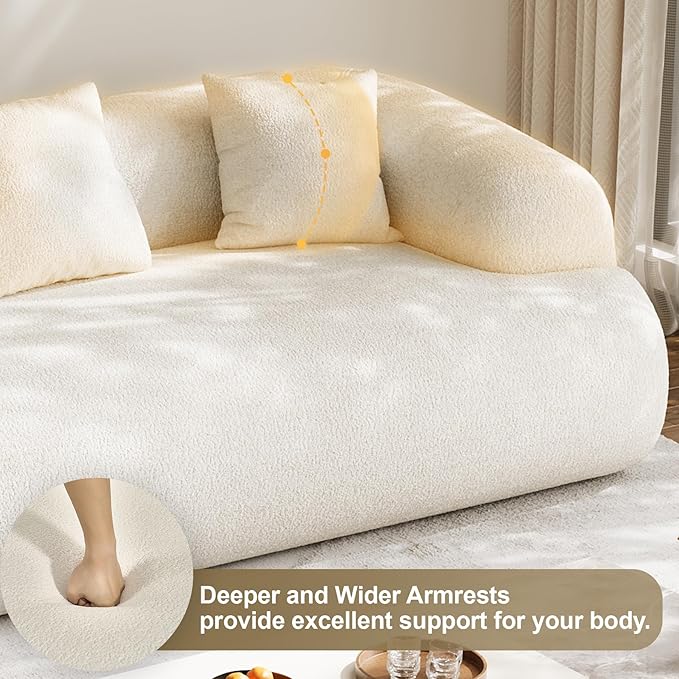 91" Boneless Couch,Cloud Couch,Chenille Curved Sofa with 3 Seater and 3 Pillows, Modern Compression Sofa for Living Room, Bedroom and Apartment, No Assembly Required, Beige White