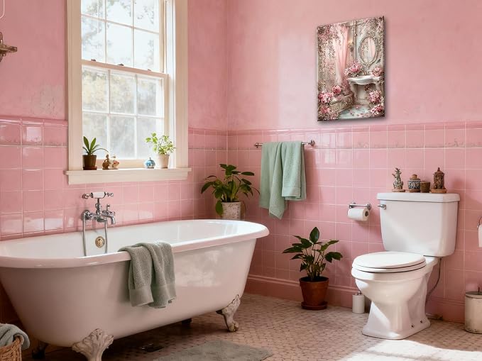 Frimeeme Framed Romantic Vintage Pink Bathroom Canvas Wall Art, Pink Sink Posters Prints Paintin, for Washroom Artwork Home Decoration Ready To Hang, 12 x 16 Inch,Framed