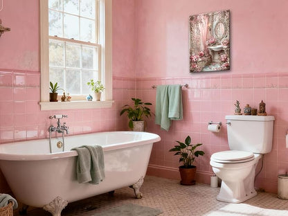 Frimeeme Framed Romantic Vintage Pink Bathroom Canvas Wall Art, Pink Sink Posters Prints Paintin, for Washroom Artwork Home Decoration Ready To Hang, 12 x 16 Inch,Framed