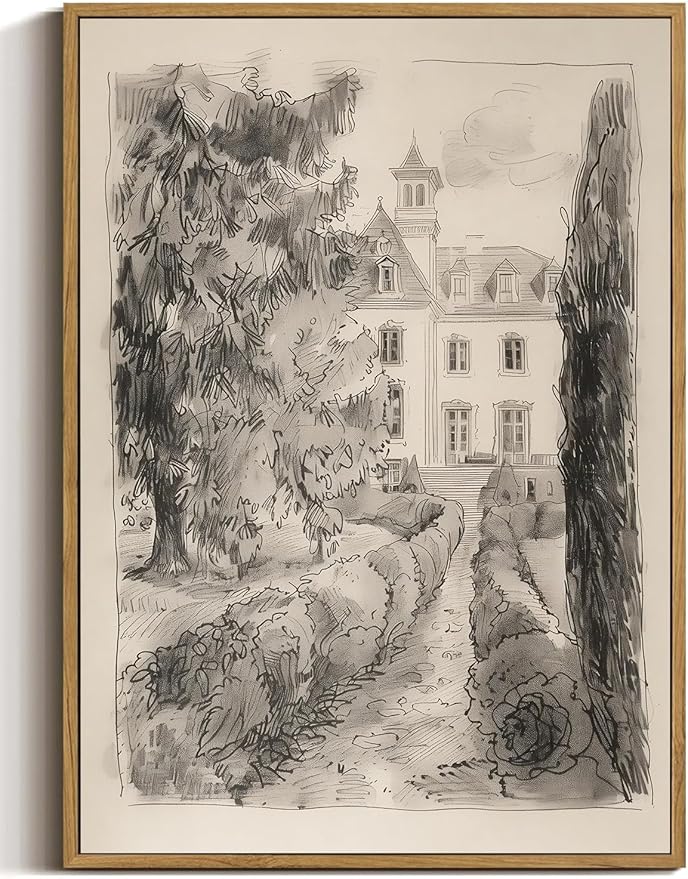 WALLZK Vintage Framed Wall Art French Country Sketch Canvas Prints Neutral Landscape Cottagecore Decor Pictures Artwork for Walls Living Room Bedroom Bathroom 8"x10"