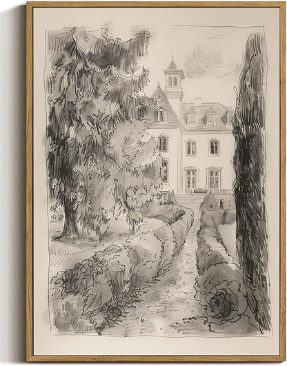 WALLZK Vintage Framed Wall Art French Country Sketch Canvas Prints Neutral Landscape Cottagecore Decor Pictures Artwork for Walls Living Room Bedroom Bathroom 8"x10"
