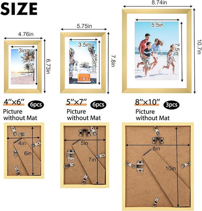 Fixwal Picture Frames Set, Gallery Wall Frame Set Picture Frames Collage 15 Pack for Wall or Tabletop with 8x10 5x7 4x6 Frames, Gold