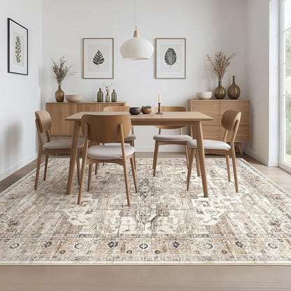 Area Rug 5x8 Washable Vintage - Soft Traditional Rugs for Living Room Large Non Slip Backing with Low Pile Farmhouse Oriental Retro Carpet for Bedroom Dining Room or Home Office - Tea Brown