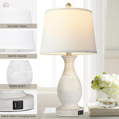 PARTPHONER Set of 2 Table Lamps with USB C+A Fast Charging Ports, 26" Tall Farmhouse Living Room Lamp with 3-Way Dimmable Nightstand Lamp White Fabric Shade for Living Room Bedroom Home Office