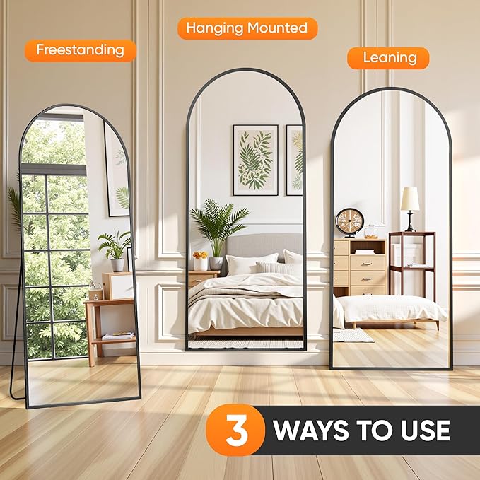 Suidia Full Length Mirror, 81"x41" Floor Standing Mirror Freestanding, Full Body Mirrors with Stand for Bedroom, Hanging Mounted for Living Room Cloakroom, Black, Arched Style
