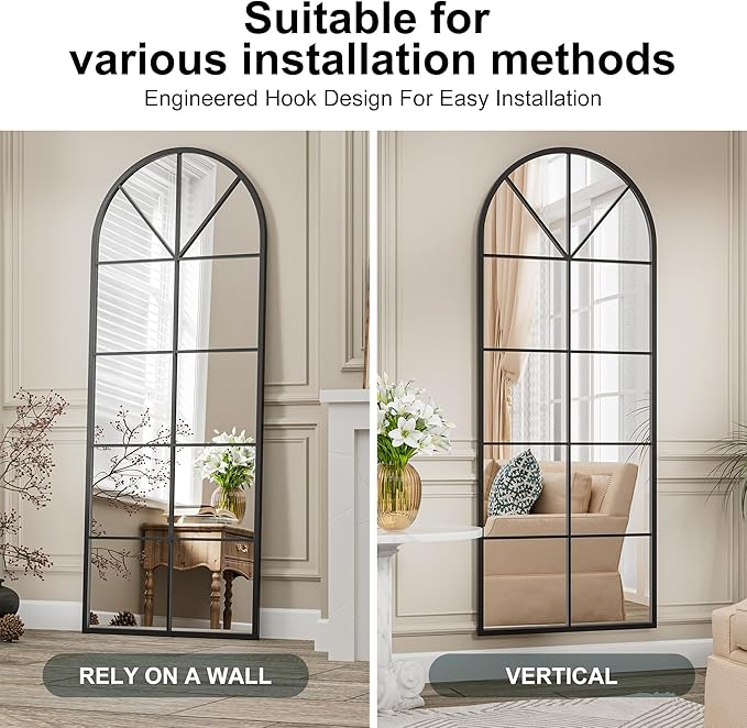 Prywot Full Length Mirror, 65"x22" Arched Window Pane Mirrors for Wall Decor, Black Full Body or Wall Mounted Mirrors, Farmhouse Standing Mirror Hanging or Leaning for Living Room, Entryway, No Stand