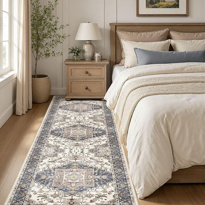 Washable 3x8 Runner Rugs: Non Slip Vintage Blue Beige Area Rugs for Living Room, Large Soft Stain Resistant Indoor Floor Carpets for Bedroom Dining Room Nursery Home Office Kid & Pet Friendly