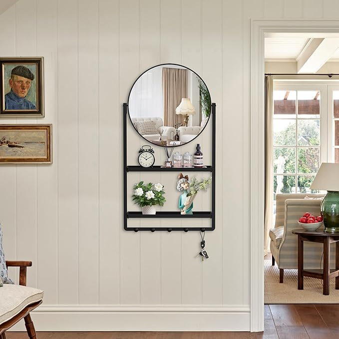 39.5" × 21.7" Black Round Wall Mirror with Shelf and Hooks, 10° Adjustable Tilt Metal Frame Bathroom Mirror with Shelf for Bedroom, Entryway, Living Room