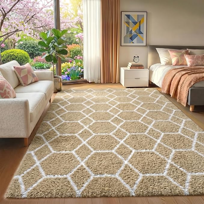 ONASAR Area Rugs for Bedroom Living Room, 4x6 Fluffy Beige and White Throw Rug, Geometric Soft Shaggy Fuzzy Plush Indoor Floor Carpet for Kids Teen Nursery Dorm Office Home Decor Aesthetic