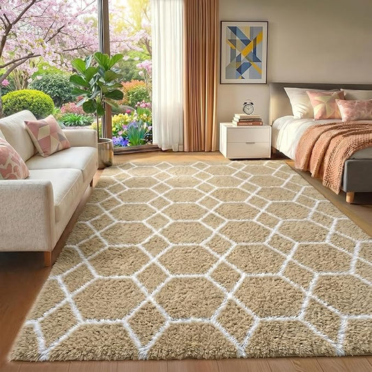 ONASAR Area Rugs for Bedroom Living Room, 4x6 Fluffy Beige and White Throw Rug, Geometric Soft Shaggy Fuzzy Plush Indoor Floor Carpet for Kids Teen Nursery Dorm Office Home Decor Aesthetic