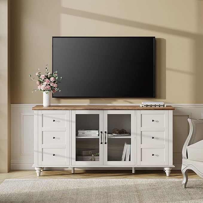 WAMPAT Farmhouse TV Stand and Coffee Table Set of 2, Square Coffee Table with Lift Top & Drawer, White Entertainment Center for 70 Inch TV, 2 Piece Living Room Table Set, White