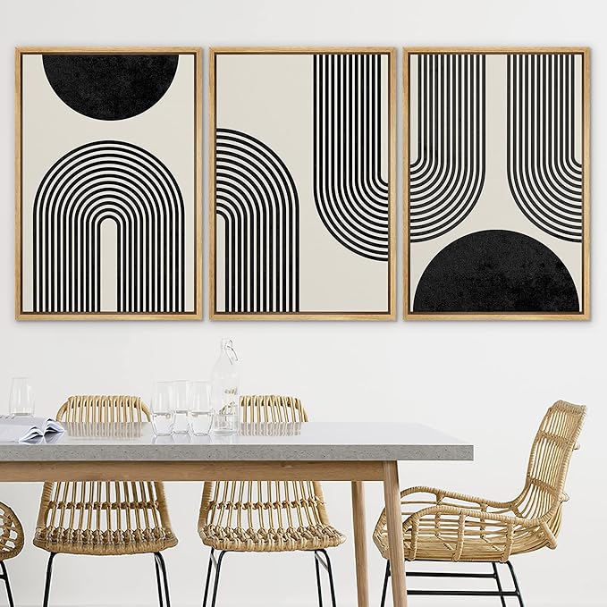 SIGNLEADER Framed Canvas Print Wall Art Spiral Parabolas & Solid Semi Circle Geometric Shapes Drawings Modern Art Contemporary Edgy Black and White for Living Room, Bedroom, Office - 24"x36"x3 Natural