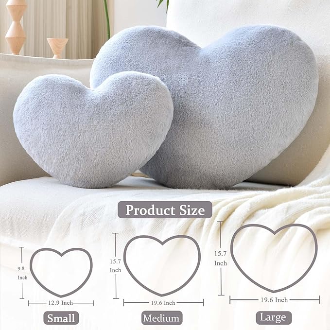 XVTRU Grey Heart Pillows, Cute Heart Decorative Pillow, Heart Shaped Throw Pillows for Bed, Faux Rabbit Fur Plush Hoom Decor Pillow Cushion for Chair Sofa Living Room (Large-19.6"x15.7")