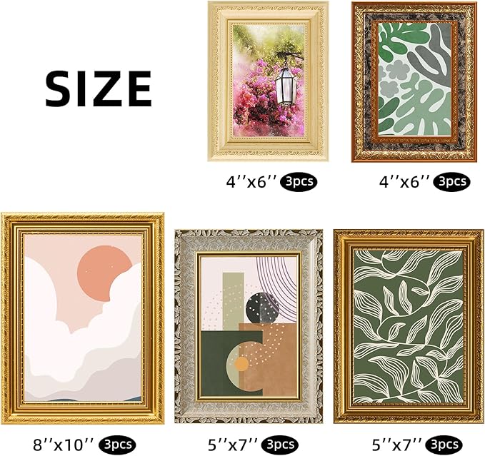 15 Pcs Gold Vintage Picture Frames for Wall or Tabletop Display Ornate French Country Frame Collage with 8x10 5x7 4x6 Frames Set for Gallery Bedroom Living Room
