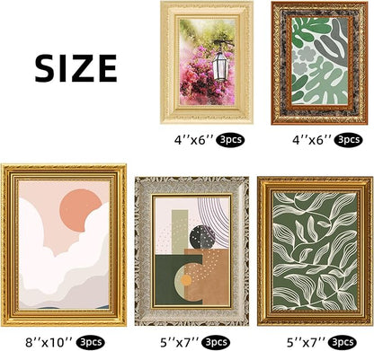 15 Pcs Gold Vintage Picture Frames for Wall or Tabletop Display Ornate French Country Frame Collage with 8x10 5x7 4x6 Frames Set for Gallery Bedroom Living Room