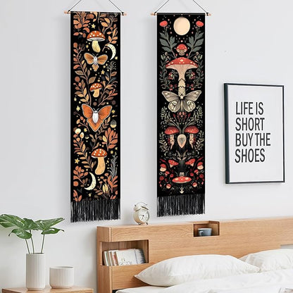 AOHMPT Pack of 2 Long Vertical Tapestry,Nature Landscape Tapestry with Serene Mountain River, Moon & Sun Motifs,Traditional Ink Painting Wall Art,Zen Aesthetic Wall Hanging for Living Room Bedroom Decor 13" W x 51" H"