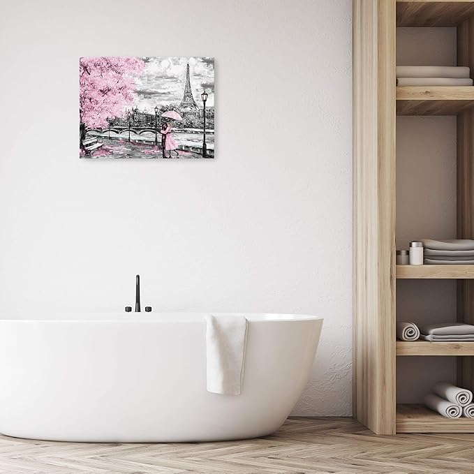 Paris Decor for Bedroom Canvas Wall Art Pink Theme Girls Room Wall Decor Black and White Eiffel Tower Pictures for Bathroom Wall Decor Modern Artwork for Wall Art Framed Wall Decoration Size 12x16