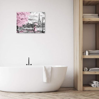 Paris Decor for Bedroom Canvas Wall Art Pink Theme Girls Room Wall Decor Black and White Eiffel Tower Pictures for Bathroom Wall Decor Modern Artwork for Wall Art Framed Wall Decoration Size 12x16