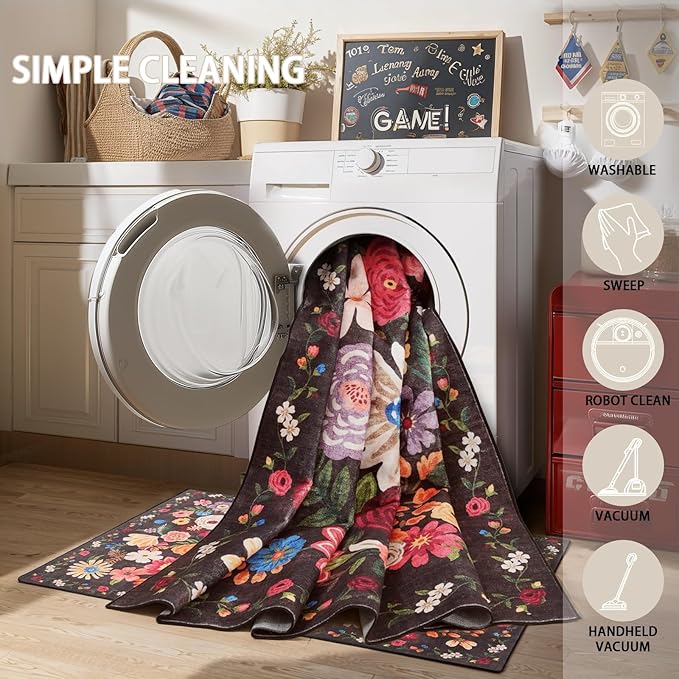 Floral Machine Washable Rug Black/Brown, 3x5 Non Slip Soft Bedroom Rug for Entryway Dorm, Ultra-Thin Stain Resistant
