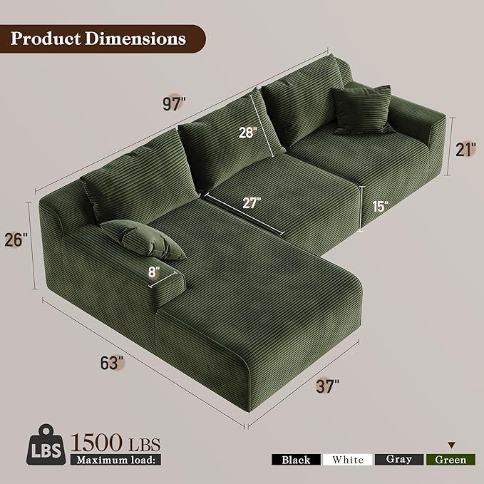 Homkdom L-Shaped Cloud Boneless Couch with Deep Seat, Modular Sectional Sofa with Oversized Chaise, 6 Layouts Combination for Living Room, Apartment, No Assembly (Green, Left Chaise)