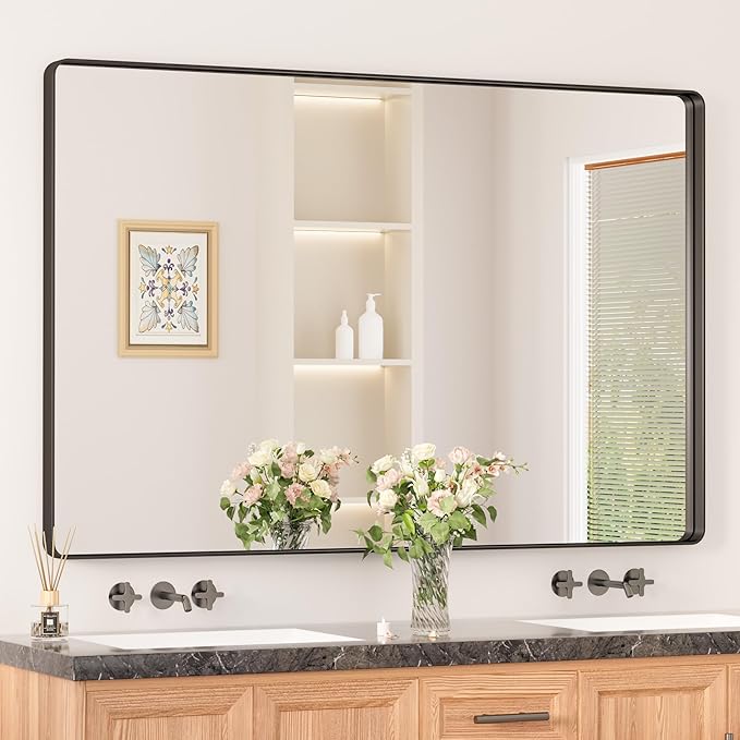 Keonjinn Black Bathroom Mirror 55 x 36 Inch Large Rounded Rectangle Mirror for Bathroom Sink, Matte Black Farmhouse Vanity Mirror, Anti-Rust, HD Tempered Glass, Sandblasted Finish(Horizontal/Vertical)