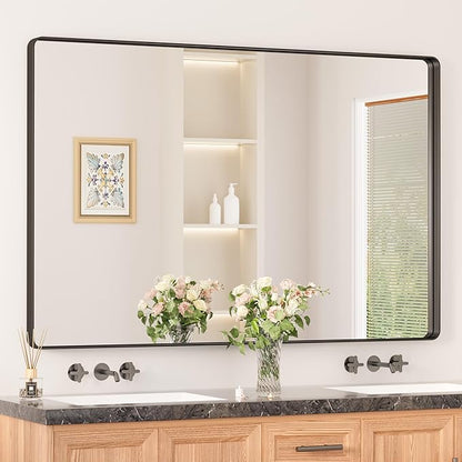 Keonjinn Black Bathroom Mirror 55 x 36 Inch Large Rounded Rectangle Mirror for Bathroom Sink, Matte Black Farmhouse Vanity Mirror, Anti-Rust, HD Tempered Glass, Sandblasted Finish(Horizontal/Vertical)