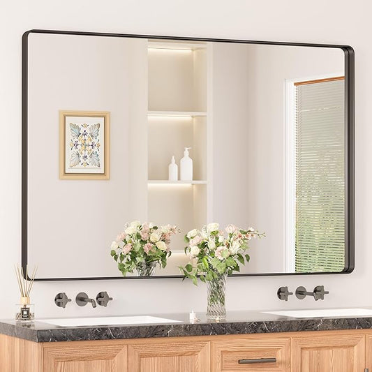 Keonjinn Black Bathroom Mirror 55 x 36 Inch Large Rounded Rectangle Mirror for Bathroom Sink, Matte Black Farmhouse Vanity Mirror, Anti-Rust, HD Tempered Glass, Sandblasted Finish(Horizontal/Vertical)