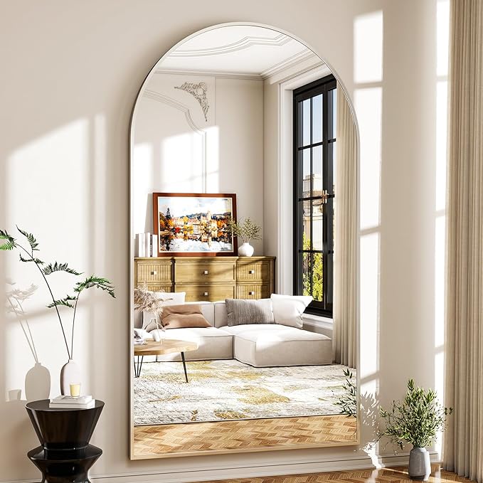 Easly 46"x76" Arched Full-Length Mirror, Oversized Floor Mirror with Stand, Freestanding or Wall-Mounted Full Body Mirror for Living Room, Bedroom, or Cloakroom, Silver