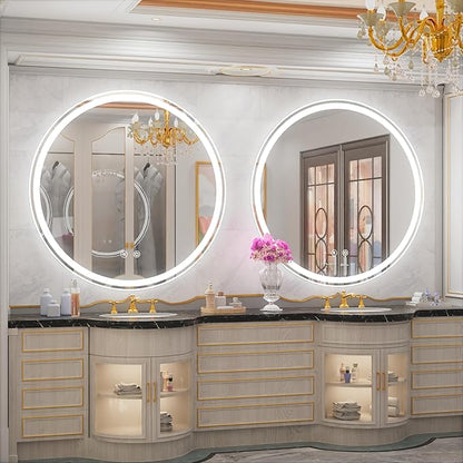 40 Inch Round LED Bathroom Mirror with Anti-Fog, Dimmable Front & Backlit Lights, 6000K Daylight, Frameless, 5mm HD Glass, Memory Function, Touch Control
