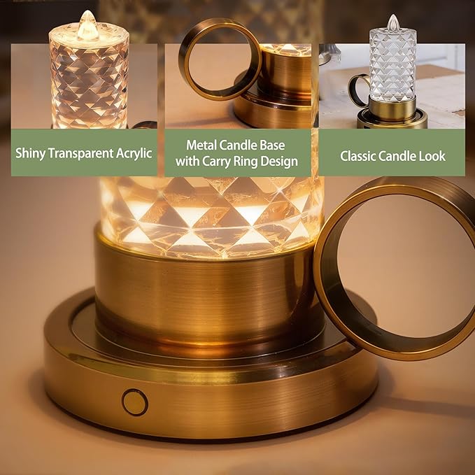 L LOHAS LED Flameless Candles, 3 Level Brightness Adjustable, Rechargeable Battery Candles, 3000K Soft White, Crystal Gold Metal Candles for Easter Valentines Aniversary Wedding, 3.93"x2.95"4.84"