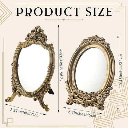 Threehoney 2 Pcs Small Gold Vintage Mirror Antique Vanity Makeup Desk Mirror Traditional Arch Tabletop Mirrors with Stand Baroque Decorative Wall Art for Living Room Bedroom Dresser Decor