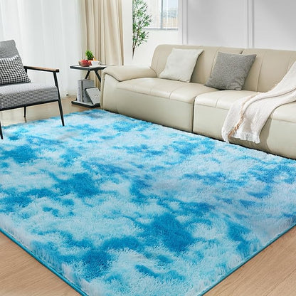 Ultra Soft Rug for Living Room, 4X6 Fluffy Shag Area Rug for Bedroom, Modern Shaggy Carpets Fuzzy Rug for Teens Dorm Nursery Home Decor Aesthetic, Upgrade Anti-Skid Durable, Tie-Dyed Blue