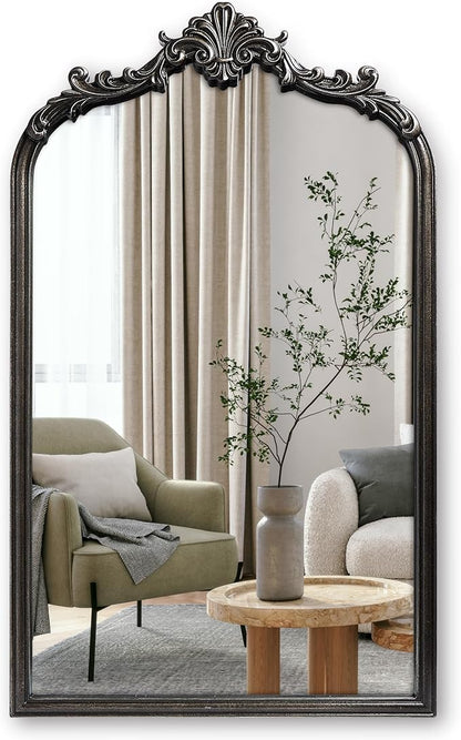 Wylde Iris English Estate Carved Arch Wood Wall Mirror, Mirror for Entryway, Living Room, Bathroom, Distressed Black, 20.4x33