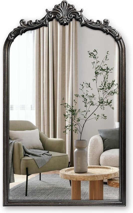 Wylde Iris English Estate Carved Arch Wood Wall Mirror, Mirror for Entryway, Living Room, Bathroom, Distressed Black, 20.4x33