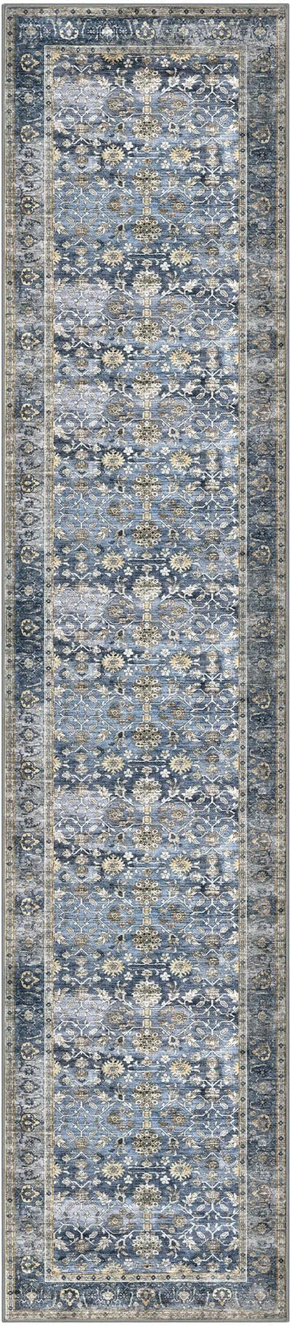KUTA Vintage Long Runners for Hallways, 2.6x12 Blue Grey Beige Washable Non-Slip Kitchen Rugs Ultra Thin Soft Printed Distressed Oriental Floral Floor Carpet for Laundry Bedroom Living Room Nursery