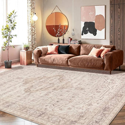 8x10 Washable Area Rug for Living Room & Bedroom, Extra Lager Soft Pink Rugs for Girls Women, Non Slip, Durable Low Pile Carpet, Vintage Carpets for Office, Dining Room, Farmhouse and Kids Room