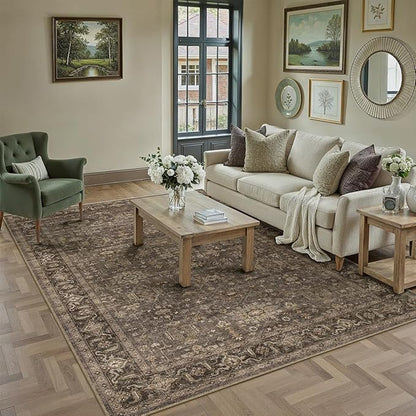 6x9 Washable Area Rug for Living Room Bedroom Vintage Brown Carpet Soft Low Pile Traditional Retro Non Slip Throw Rug for Dining Room Entryway Indoor Dorm Kitchen