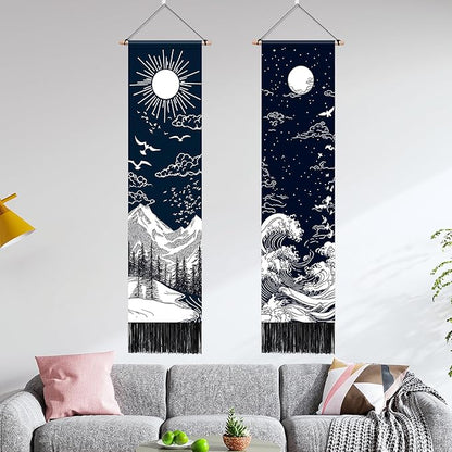AOHMPT Pack of 2 Long Vertical Tapestry,Nature Landscape Tapestry with Serene Mountain River, Moon & Sun Motifs,Traditional Ink Painting Wall Art,Zen Aesthetic Wall Hanging for Living Room Bedroom Decor 13" W x 51" H"