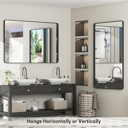 55x36 Inch Black Framed Bathroom Mirror for Wall, Large Matte Metal Framed Wall Mirror, Rounded Corner Rectangle Vanity Mirror, Tempered Glass, Anti-Rust, Shatterproof (Horizontal/Vertical)