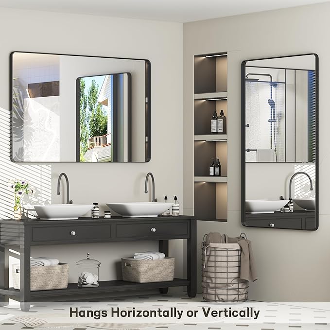 60x28 Black Bathroom Wall Mirror, Black Matal Framed Mirror, Matte Rectangle Bathoom Vanity Mirror, Anti-Rust, Shatterproof, Hangs Vertically or Horizontally